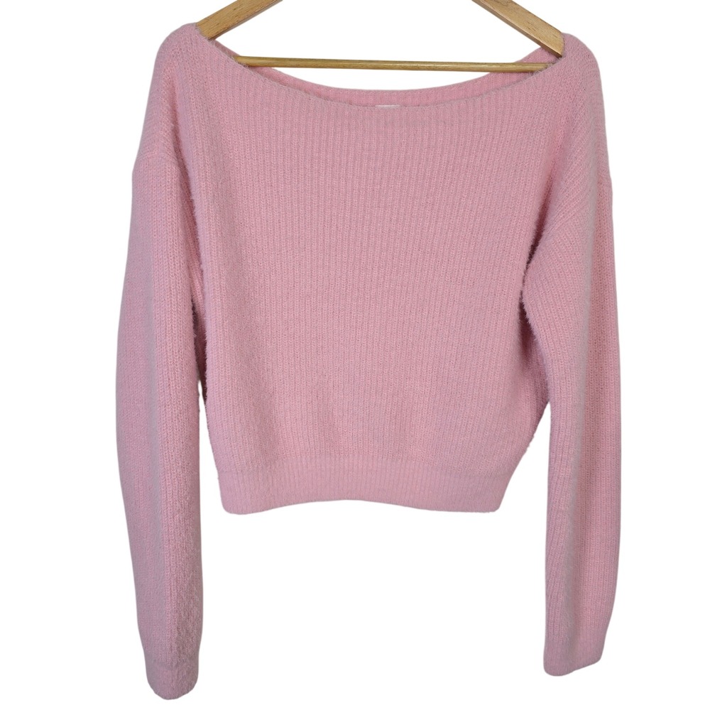 Abound Pink Fuzzy Boat Neck Cropped Pullover Sweater Small Ribbed Knit Soft S
